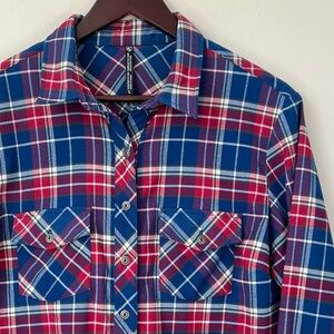 KUHL Women's L Alina Plaid Button Up Long Sleeve Flannel Red White Blue Gorpcore
